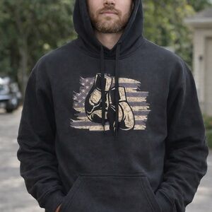 Men's Black Graphic Hoodie with Boxing Gloves and Flag Print